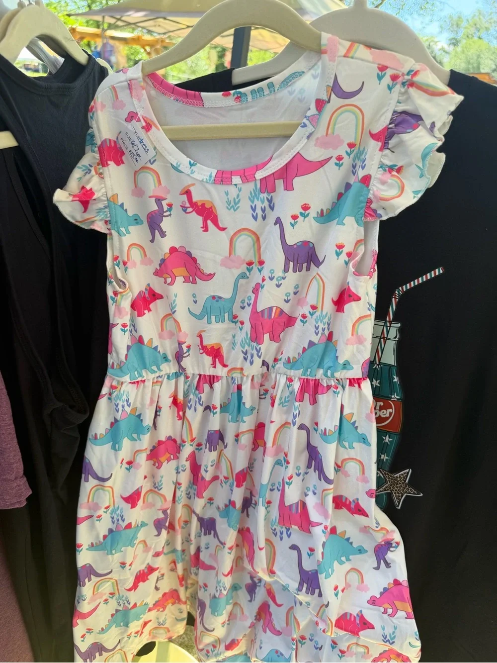 Girls' Dino Rainbow Sleeve Dress - White/Pink/Blue